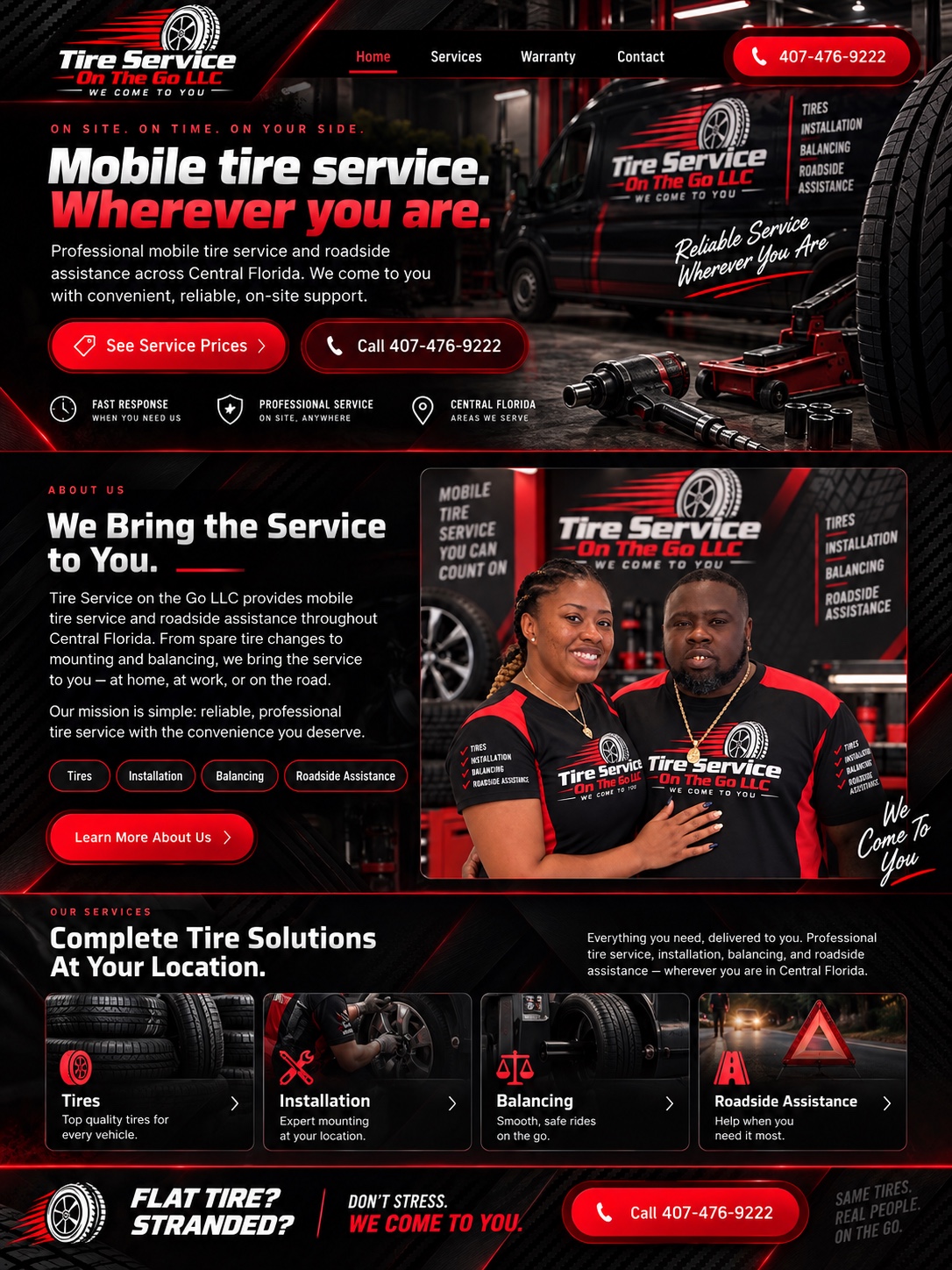 Approved Tire Service on the Go LLC homepage design featuring services, workshop equipment and company branding